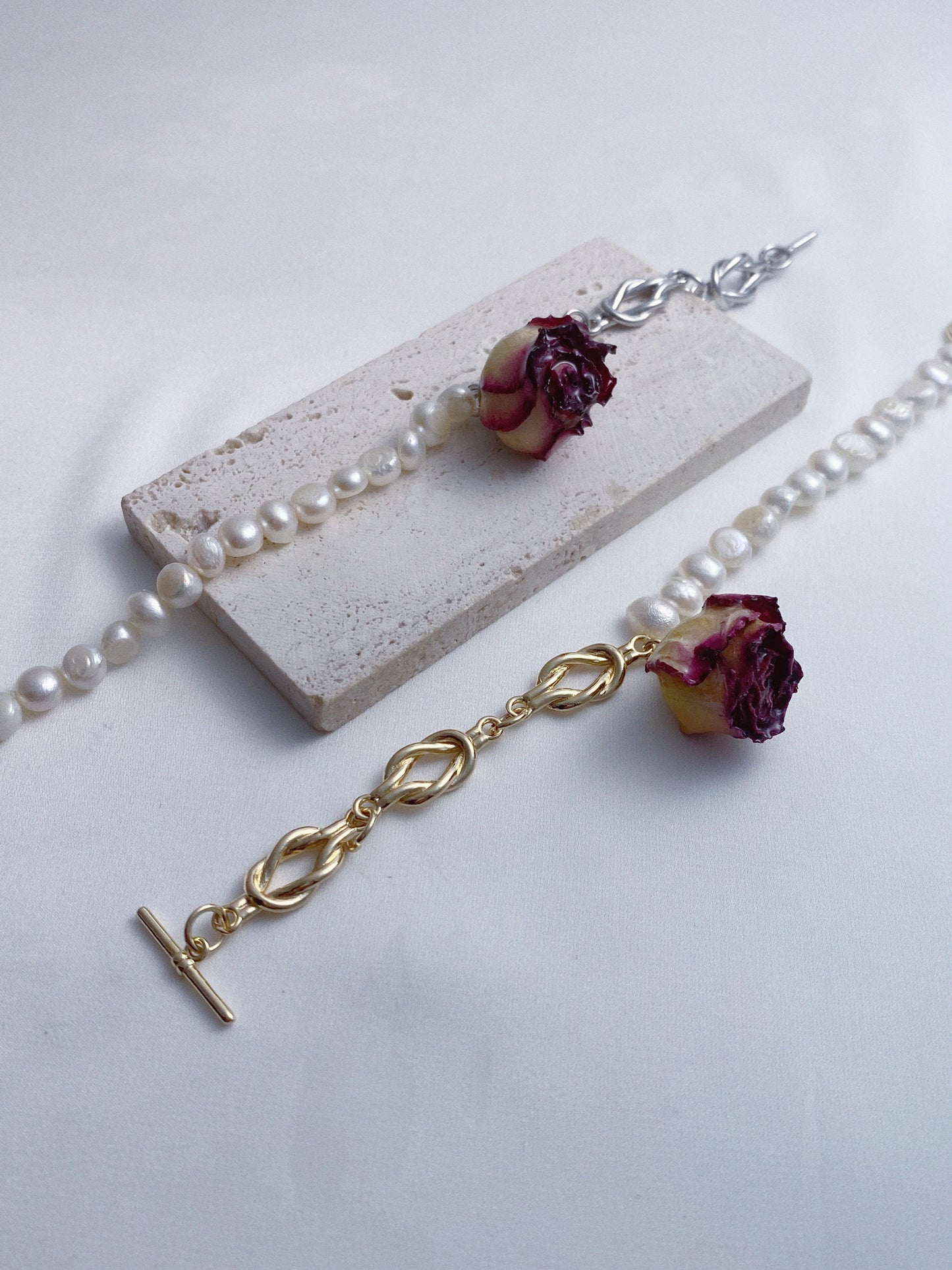 Real Rose Pearl Knots Bracelet