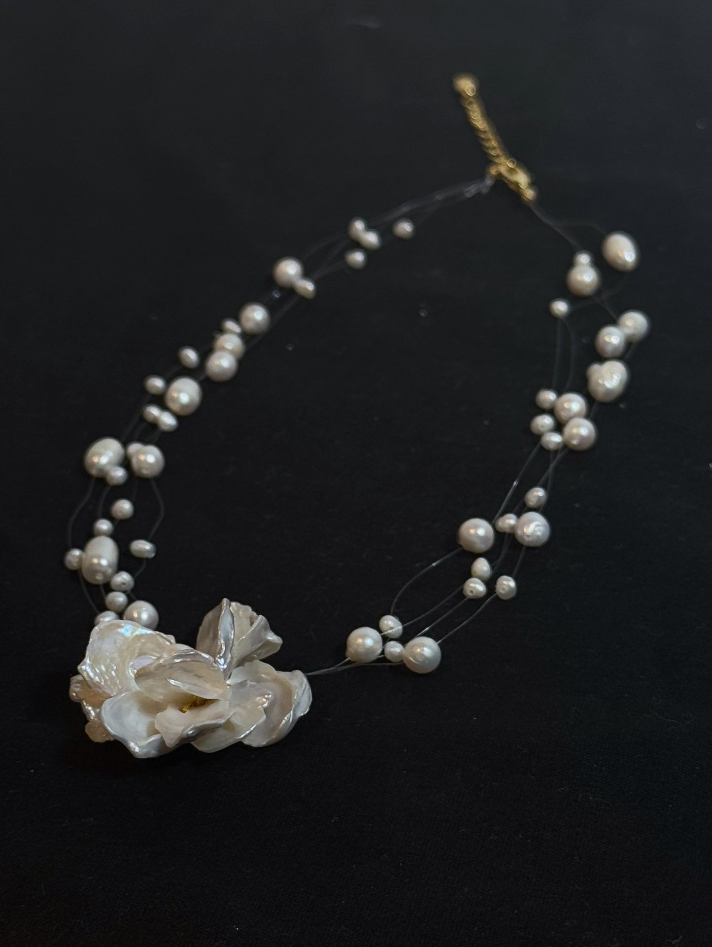 Floating Keshi Pearl Flower Illusion Necklace №22