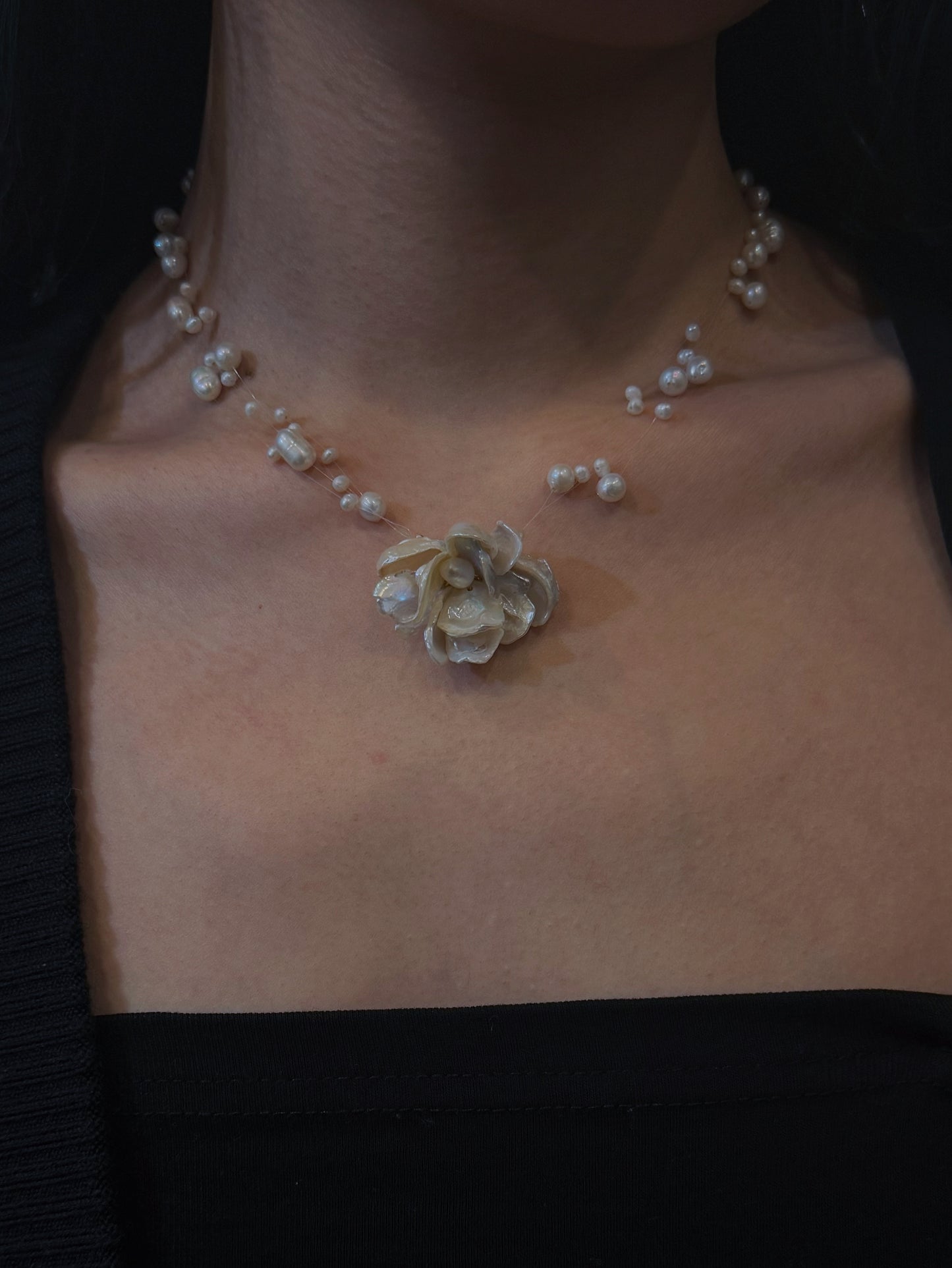 Floating Keshi Pearl Flower Illusion Necklace №22