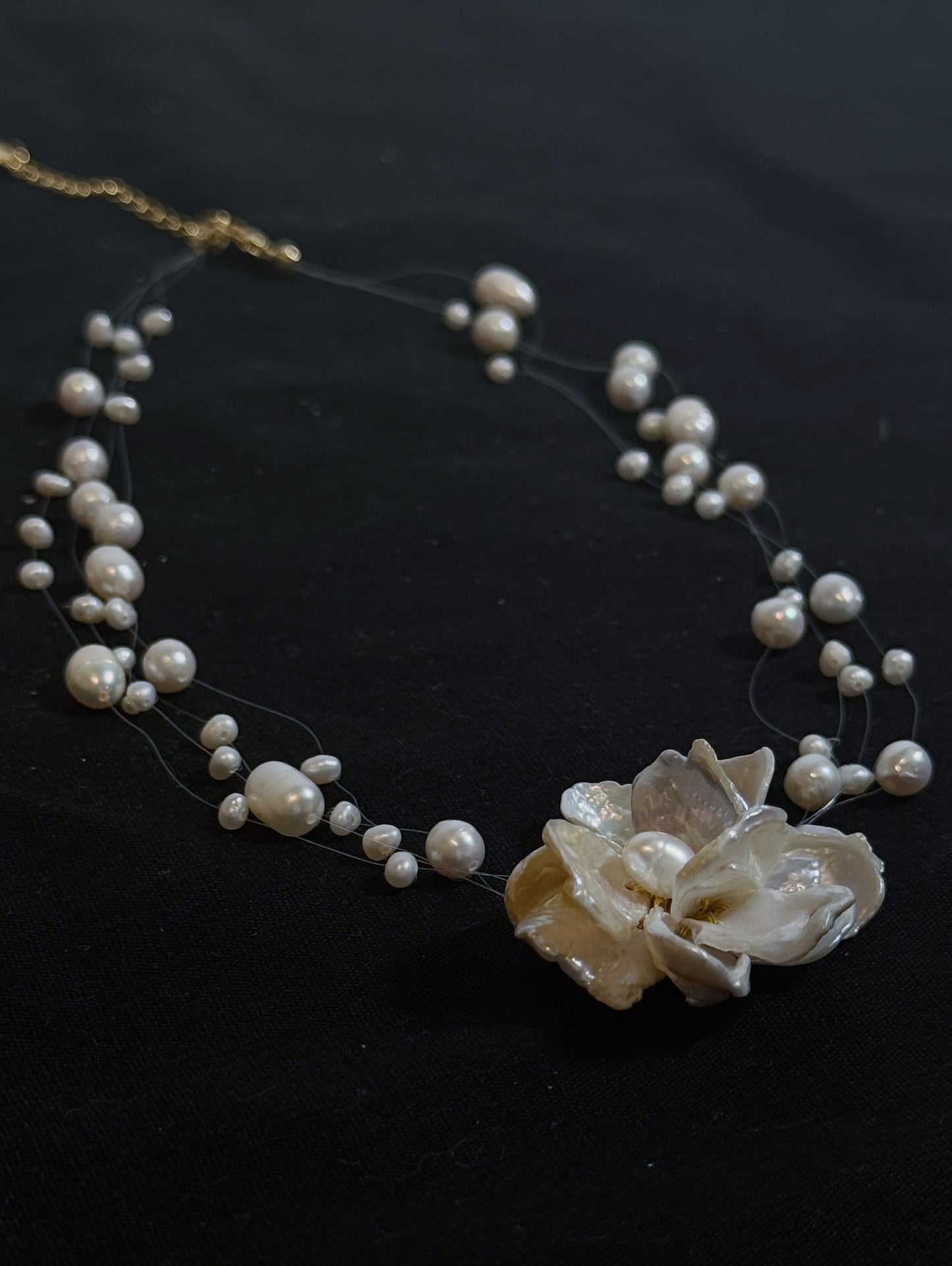 Floating Keshi Pearl Flower Illusion Necklace №22