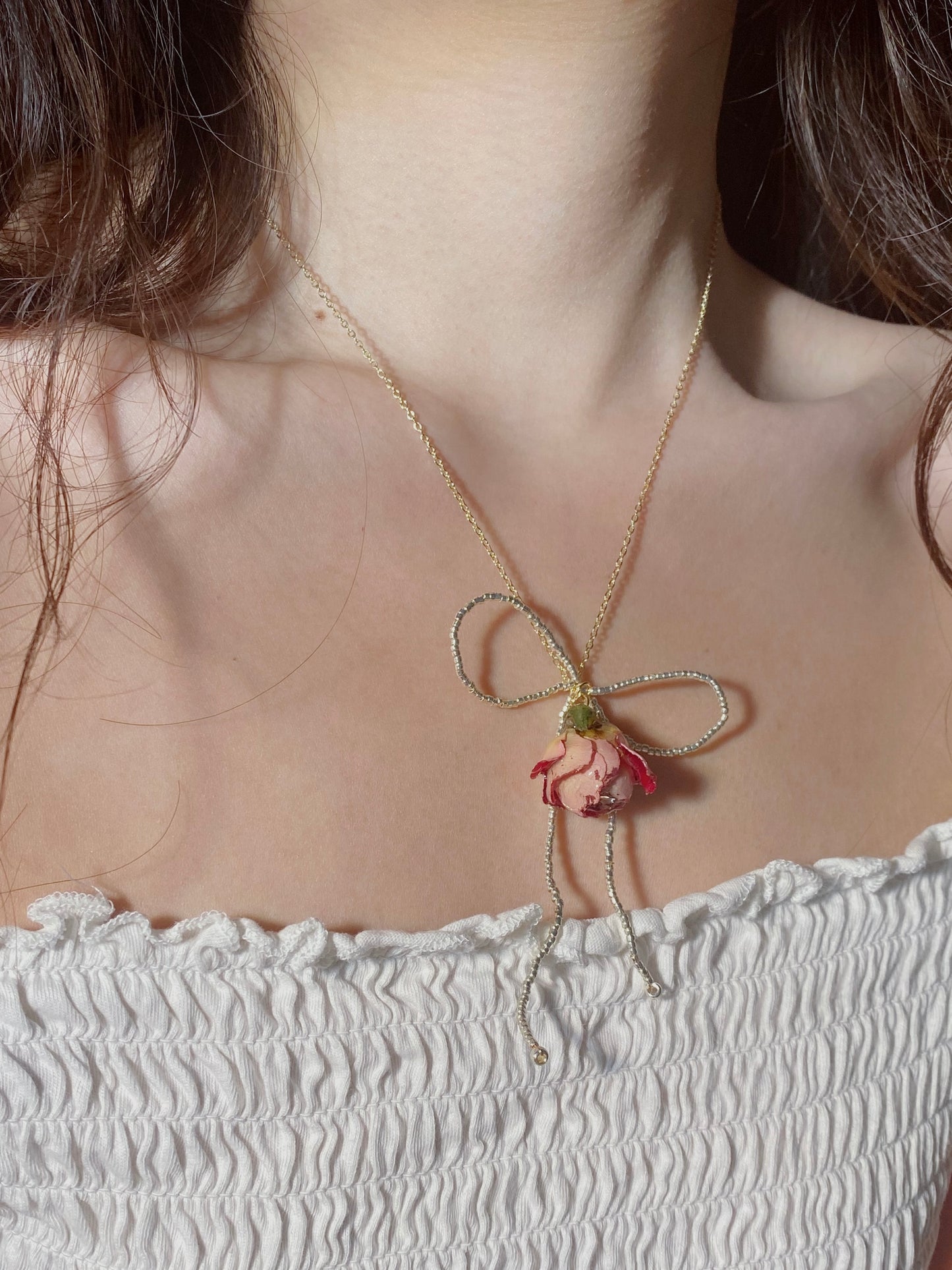 Real Rose Bead Bow Necklace