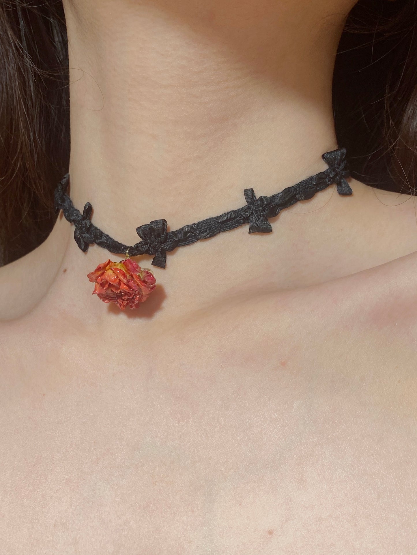 Elegant Rose Charm with Ribbon Bow Choker | Black