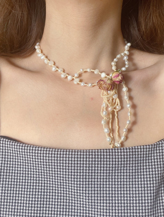 Real Roses Pearl Bow Choker Necklace