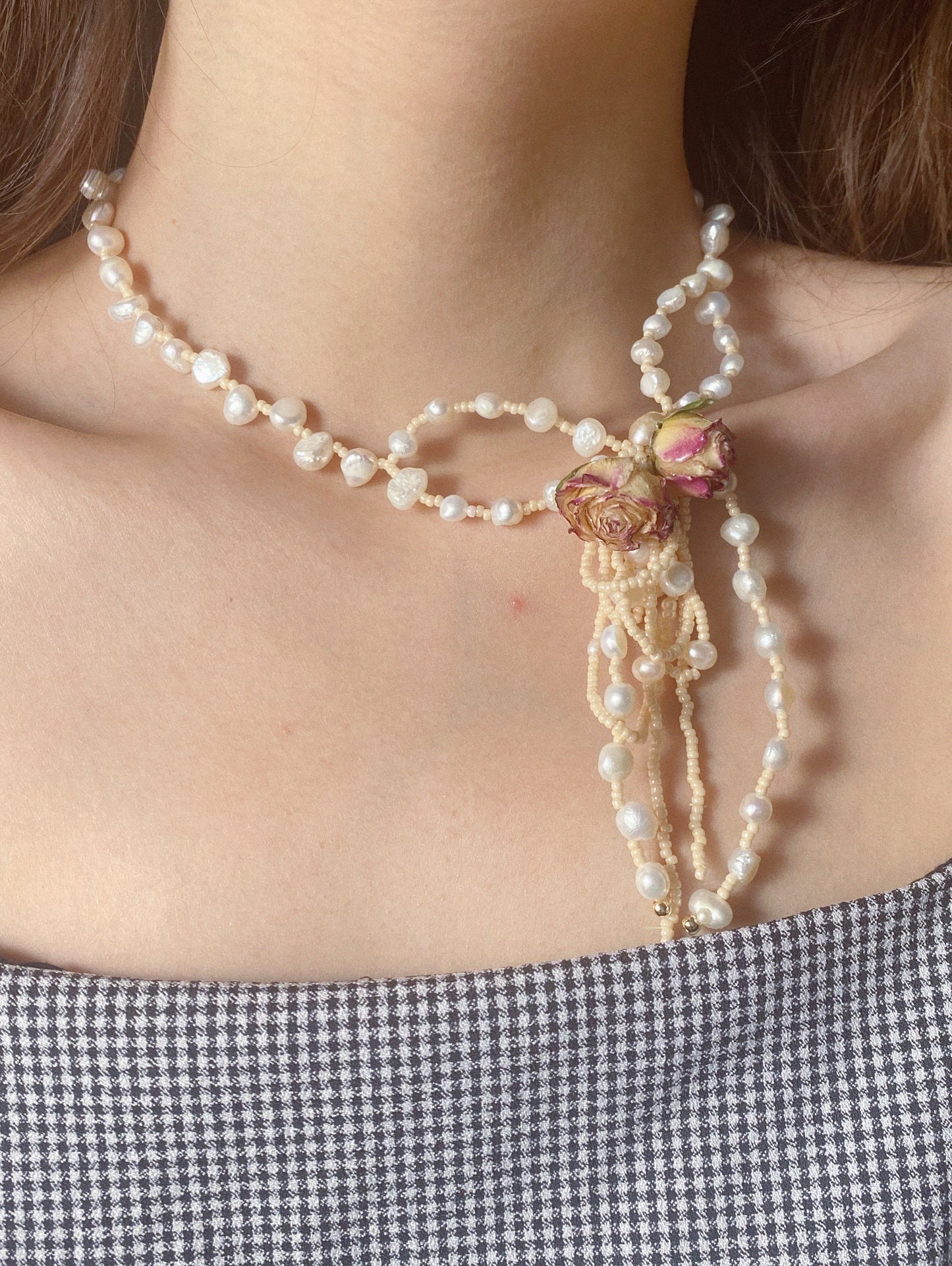 Real Roses Pearl Bow Choker Necklace