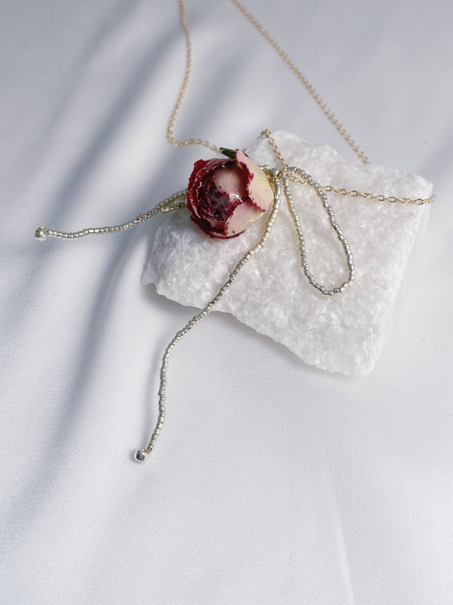 Real Rose Bead Bow Necklace