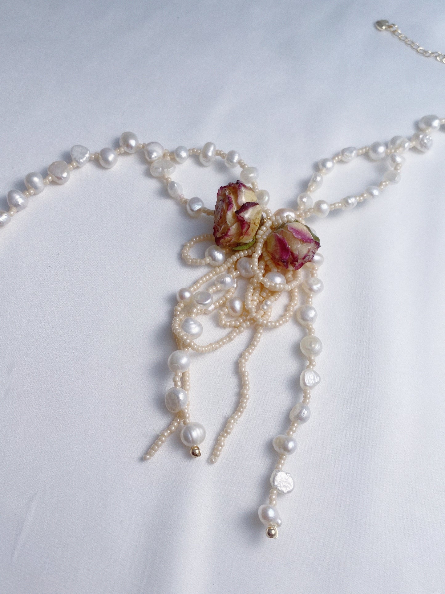 Real Roses Pearl Bow Choker Necklace