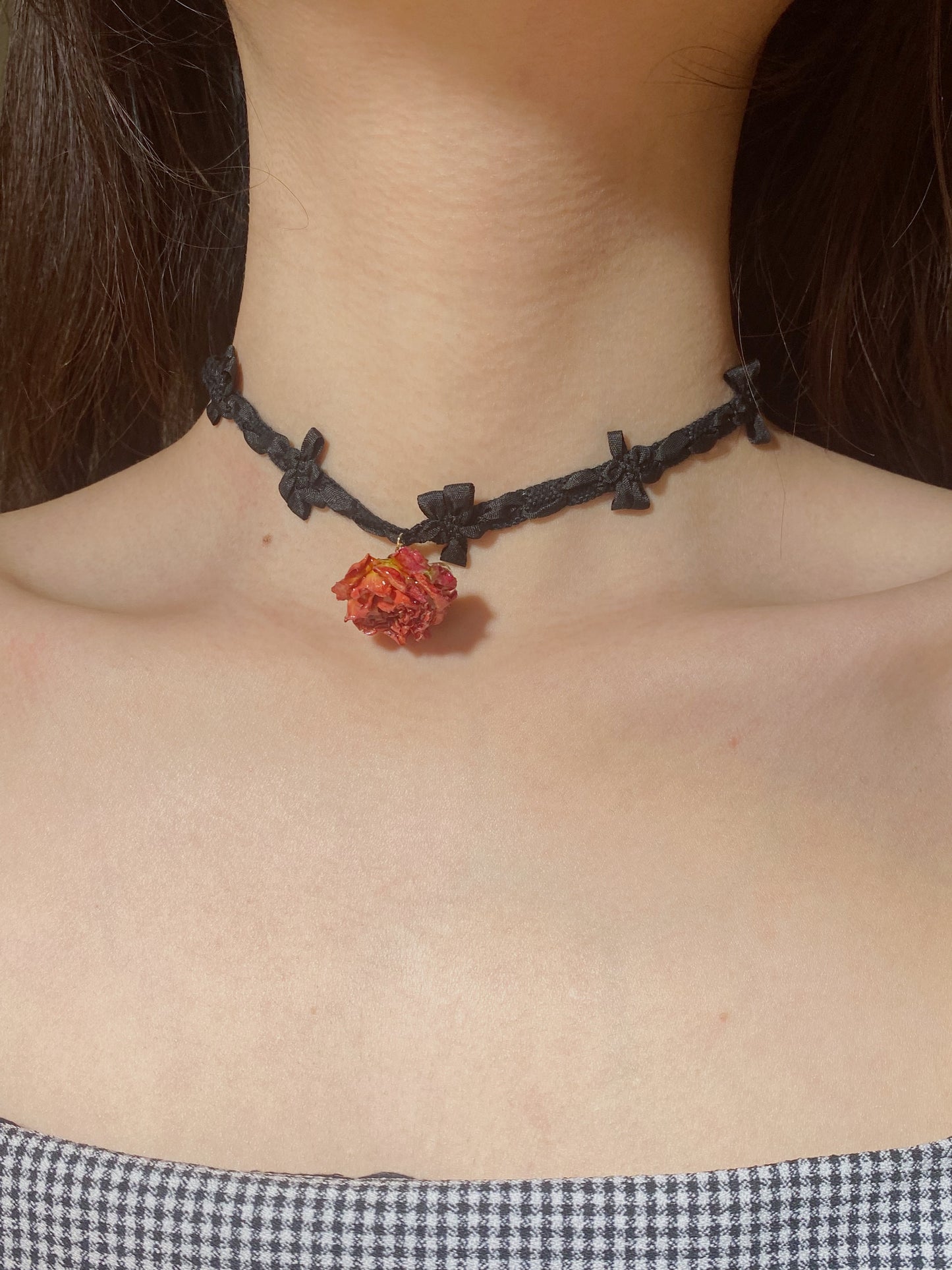 Elegant Rose Charm with Ribbon Bow Choker | Black