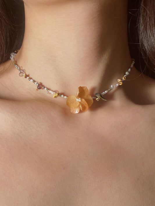 Real Caramel Hydrangea with Mixed Beads Necklace