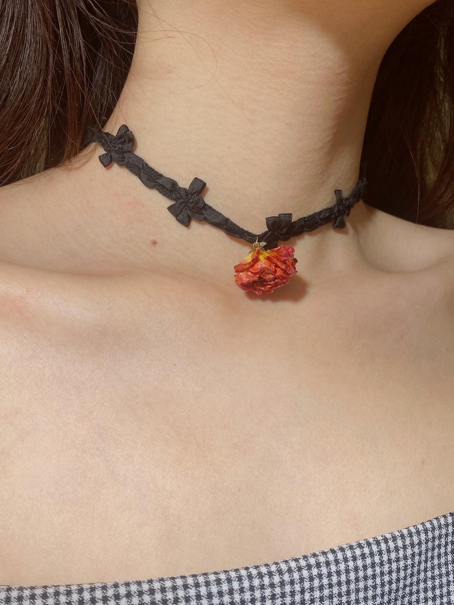 Elegant Rose Charm with Ribbon Bow Choker | Black