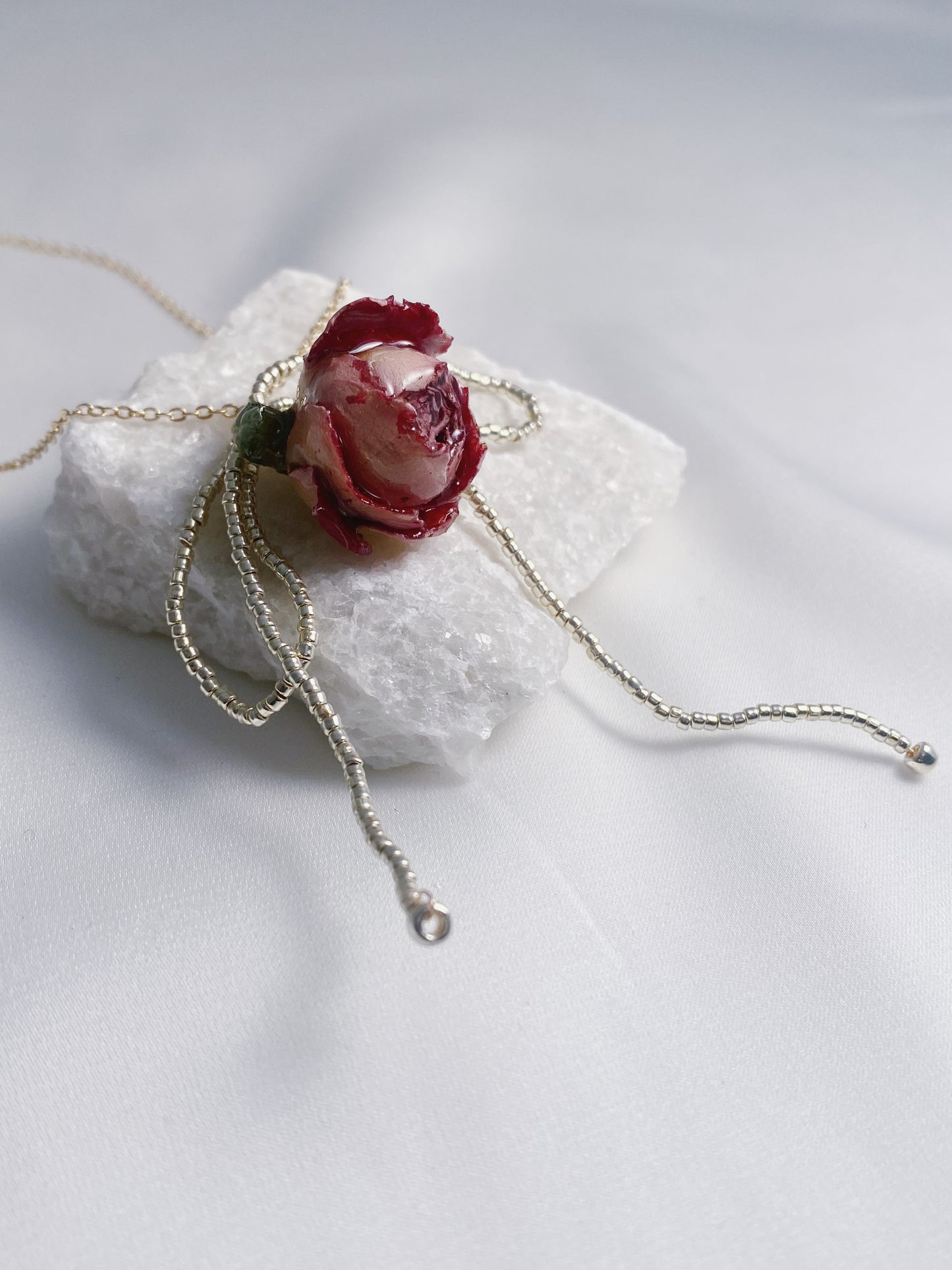 Real Rose Bead Bow Necklace