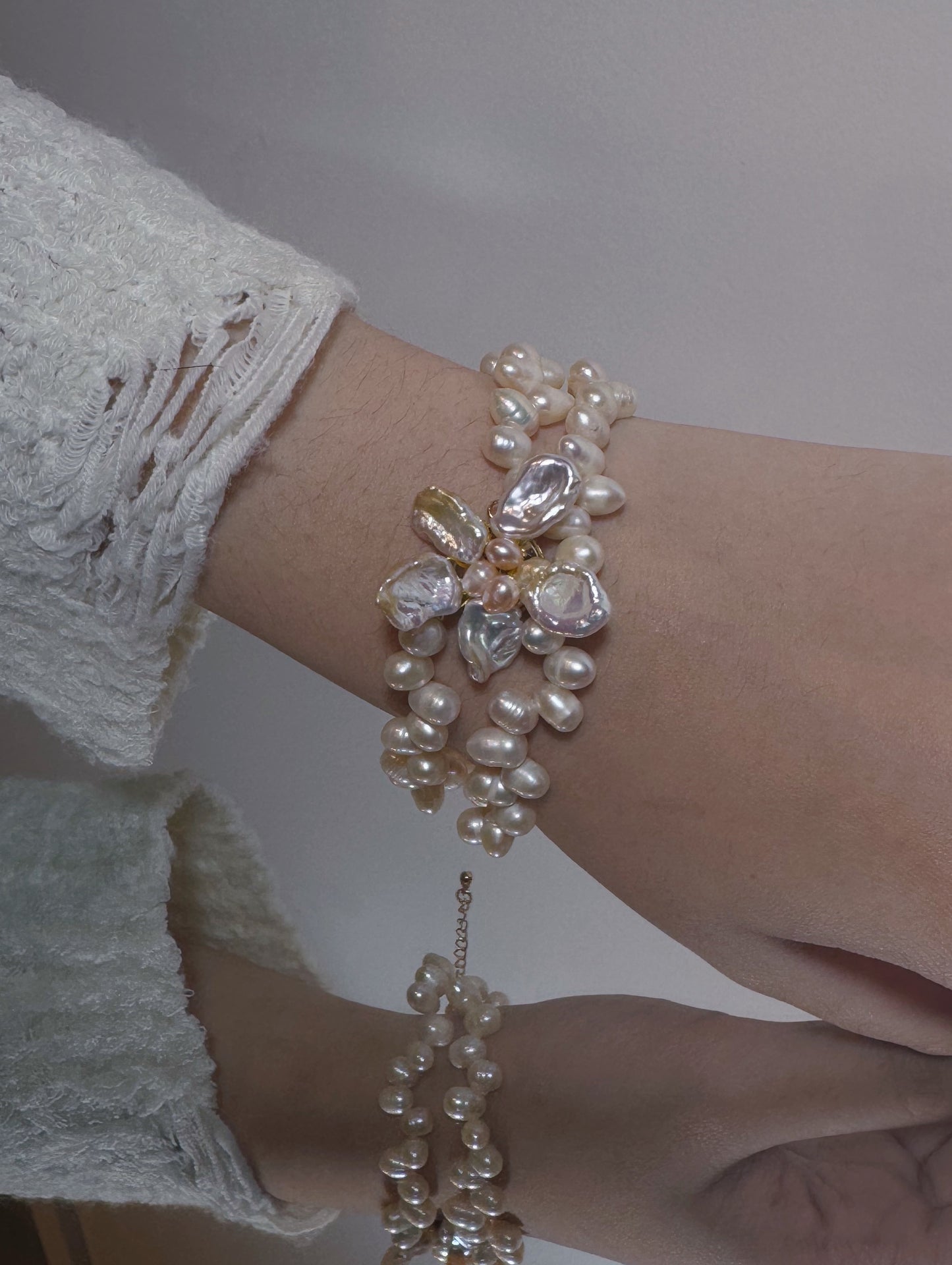 Double layers Keshi Pearl Flower Bracelet №19