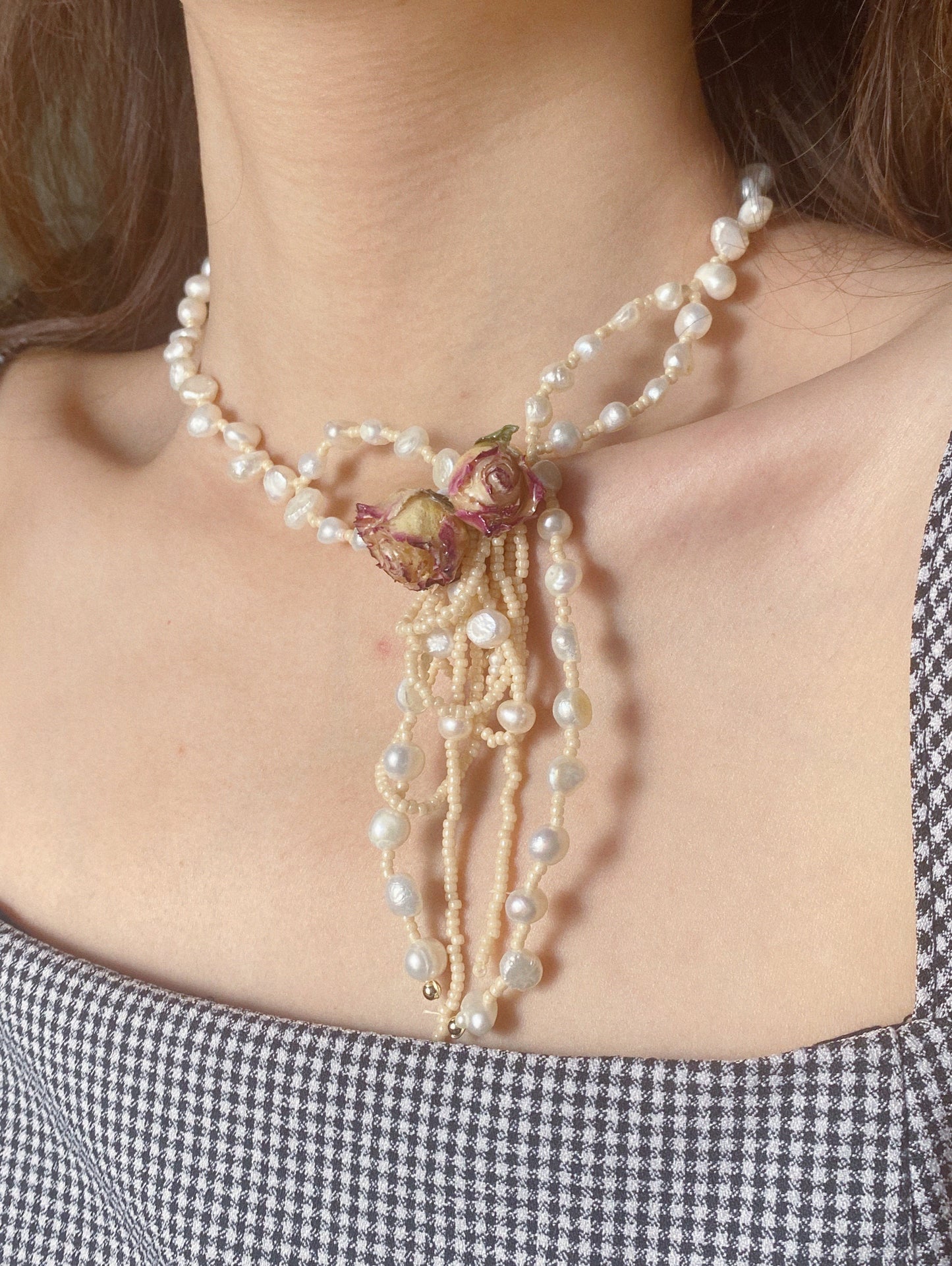 Real Roses Pearl Bow Choker Necklace