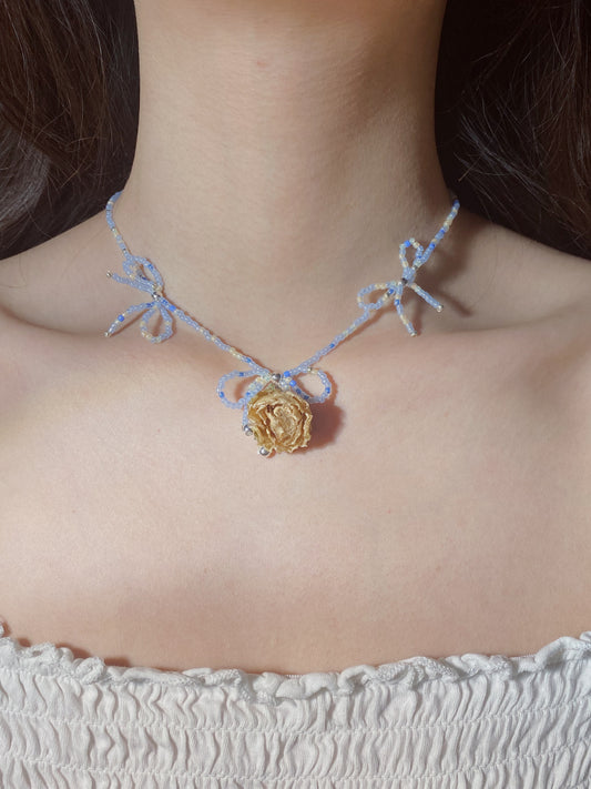 Dainty Rose Bead Bow Necklace