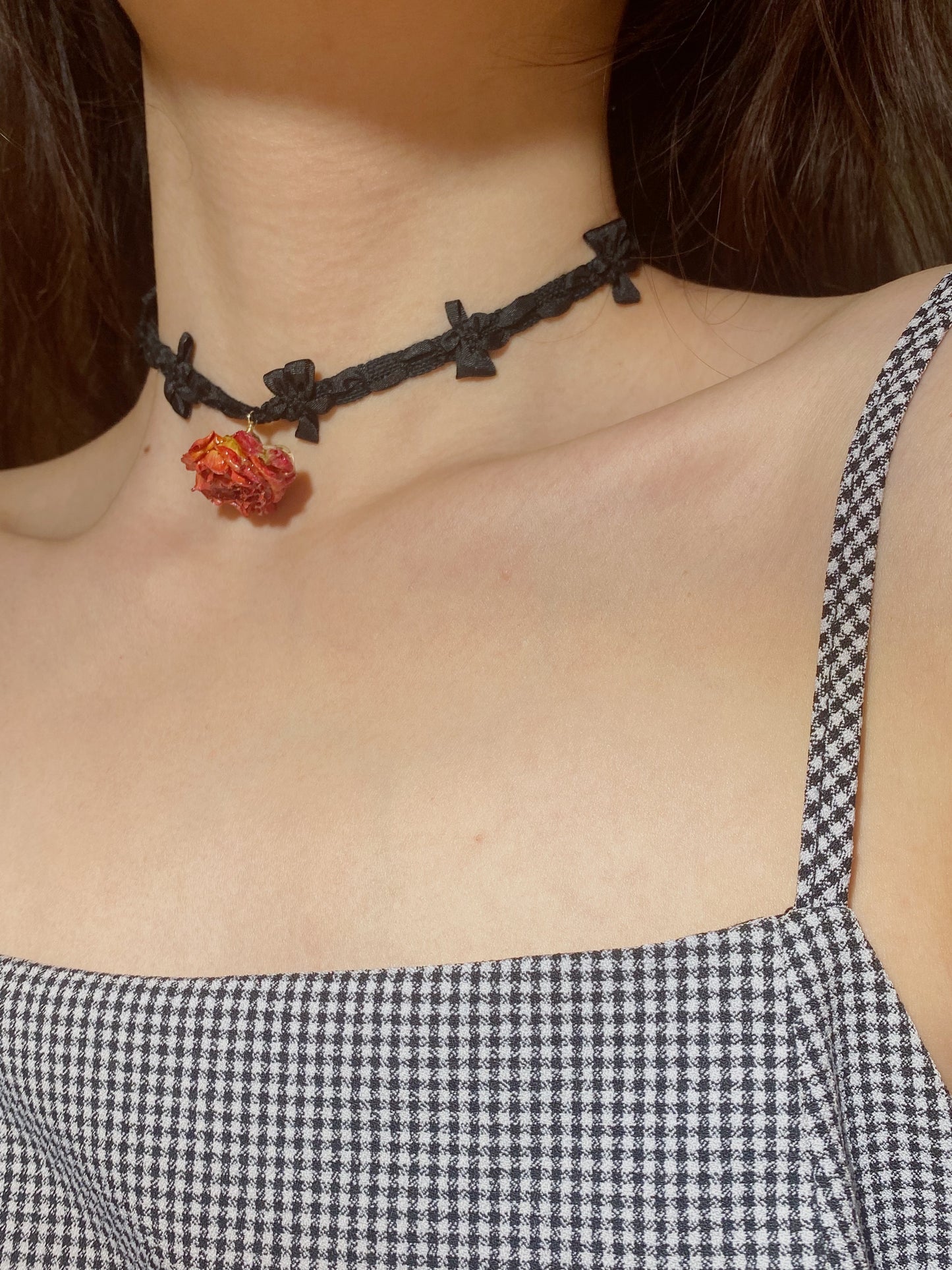 Elegant Rose Charm with Ribbon Bow Choker | Black