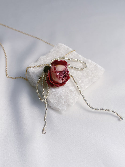 Real Rose Bead Bow Necklace