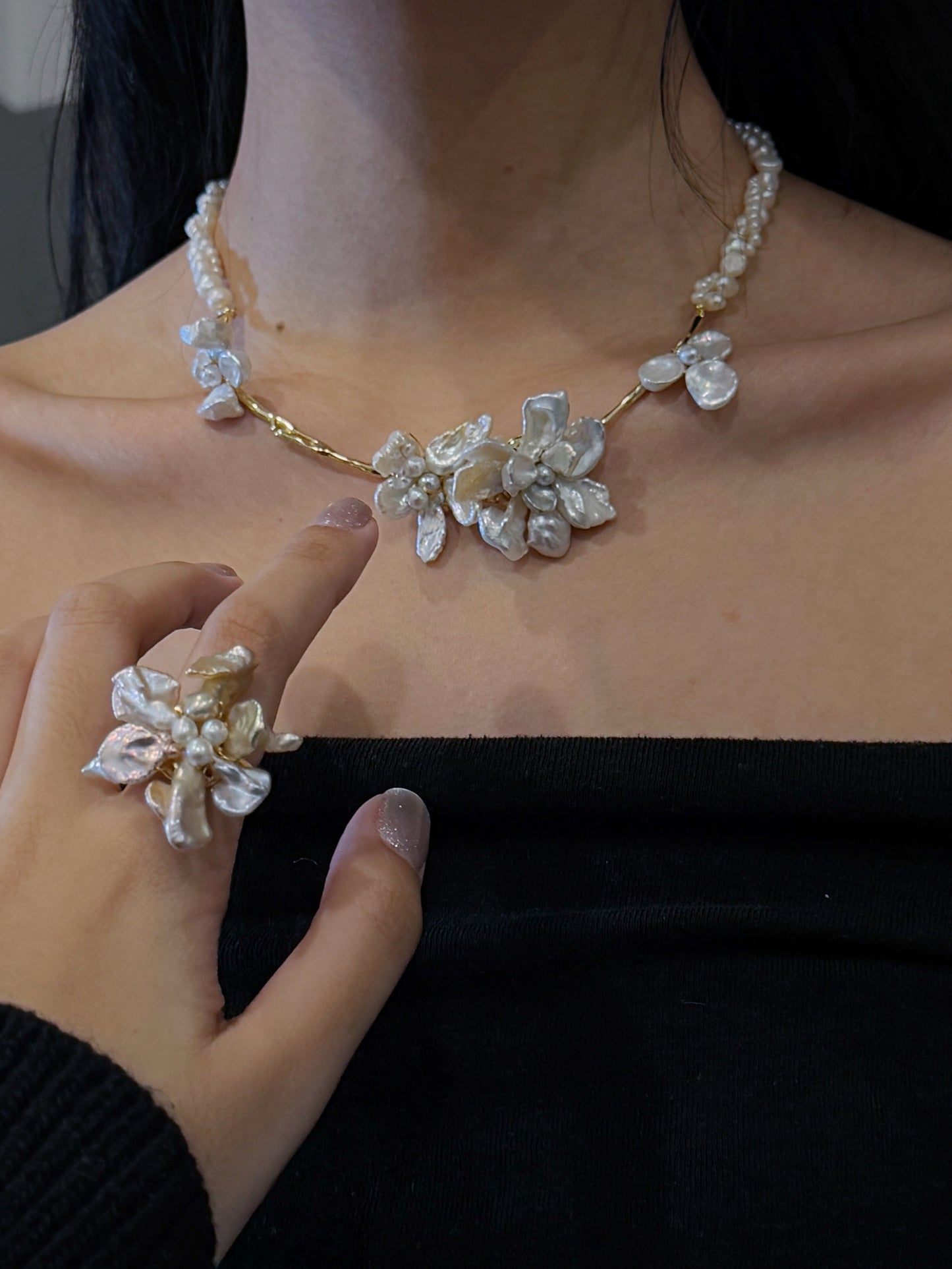 Blooming Keshi Pearl Flower Necklace №21