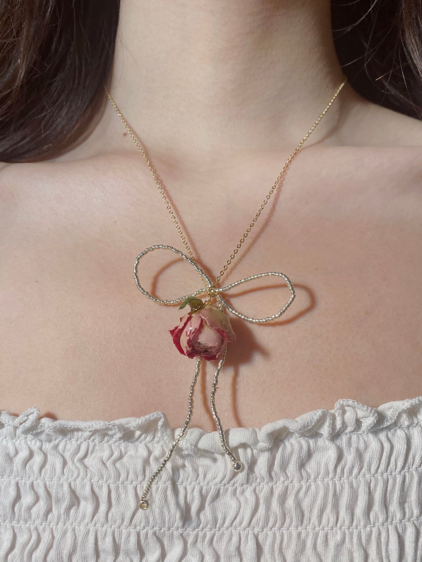 Real Rose Bead Bow Necklace