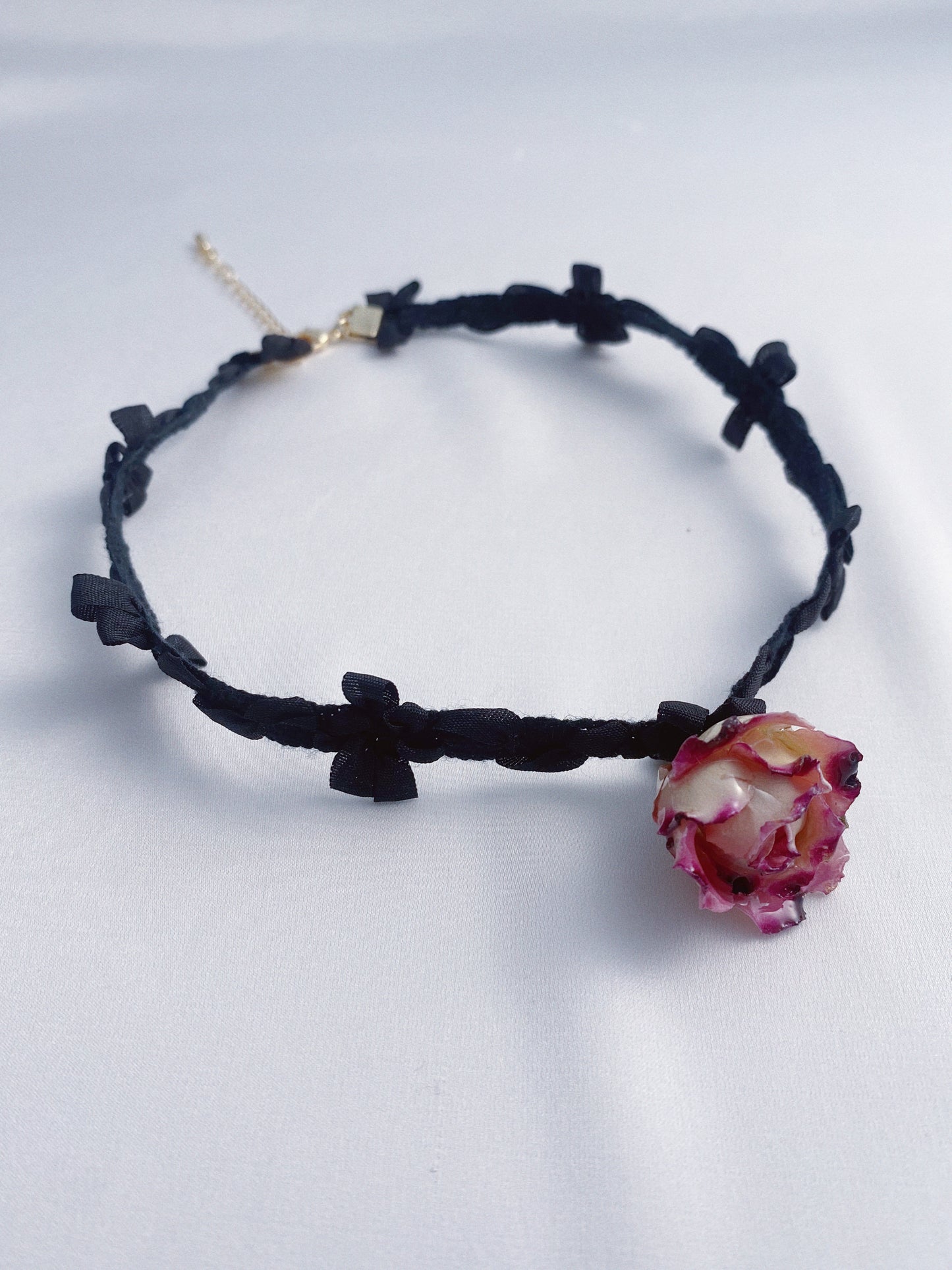 Elegant Rose Charm with Ribbon Bow Choker | Black