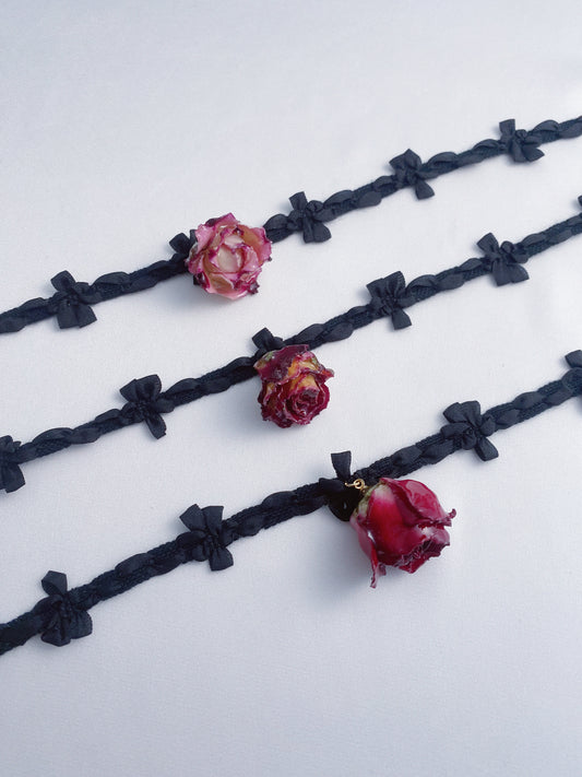 Elegant Rose Charm with Ribbon Bow Choker | Black