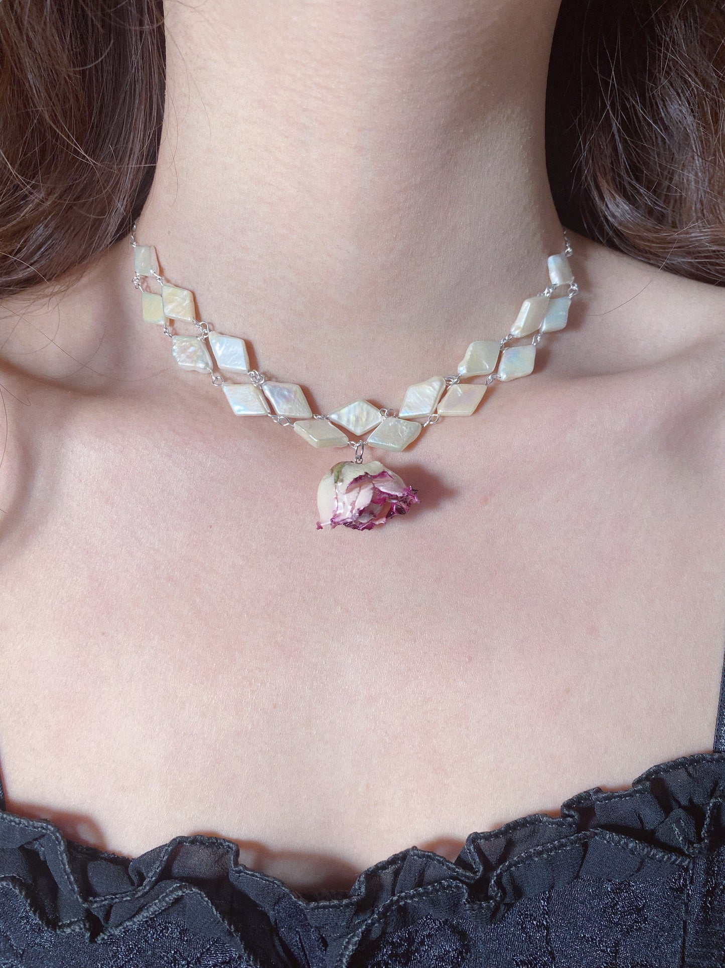 Diamond Baroque Pearl Bloom Rose Necklace