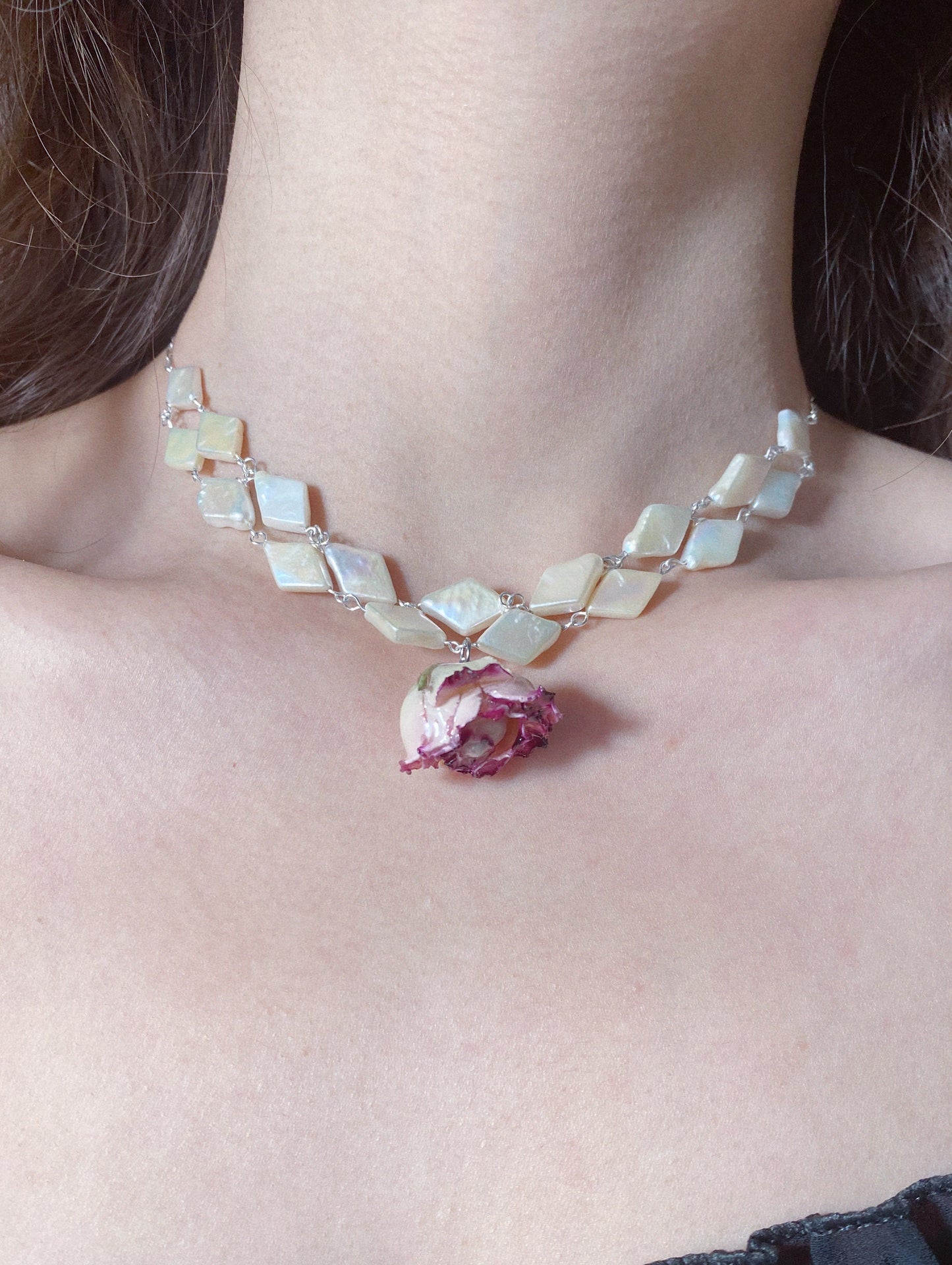 Diamond Baroque Pearl Bloom Rose Necklace