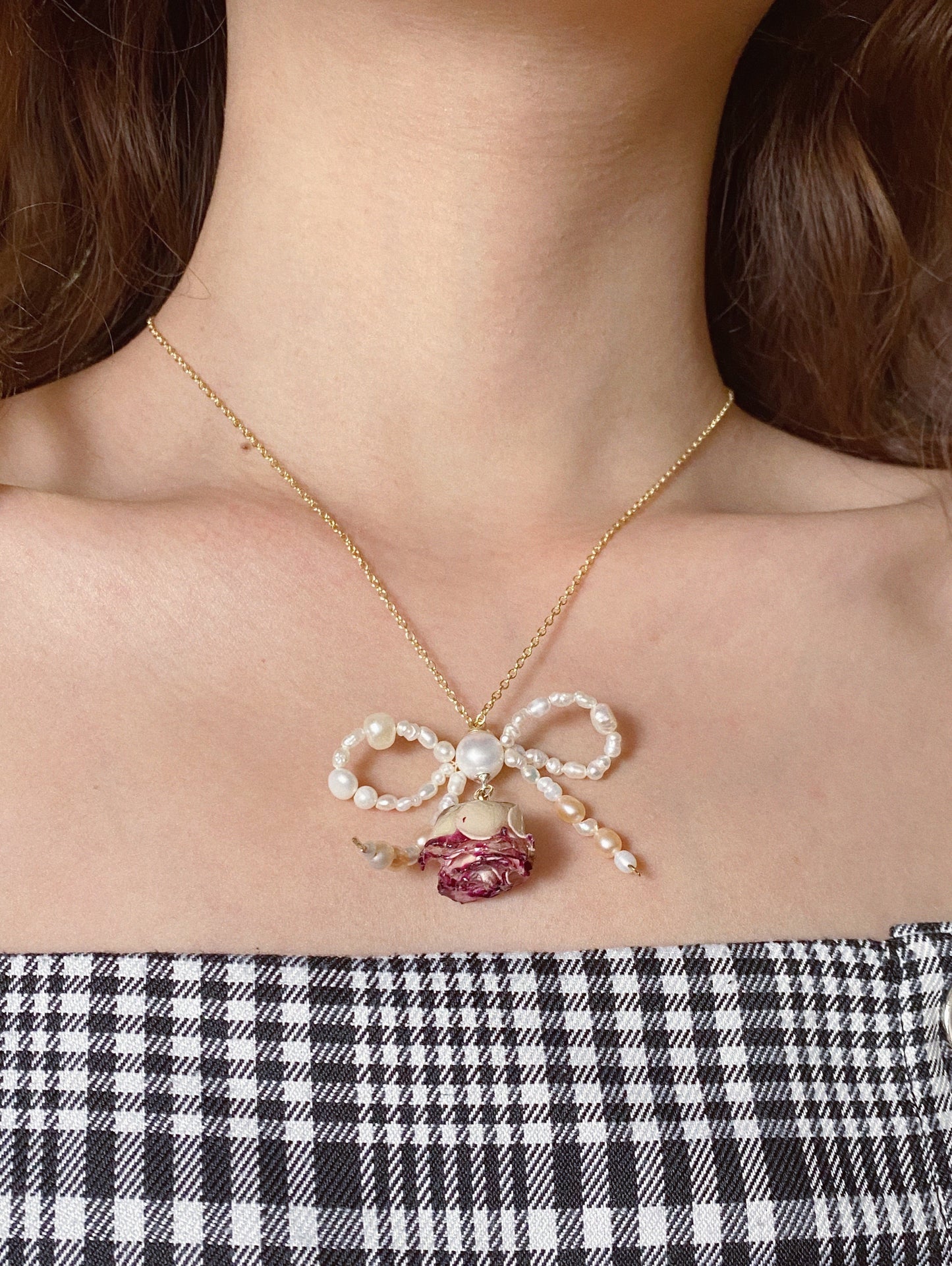 Rose Blossom Pearl Bow Necklace