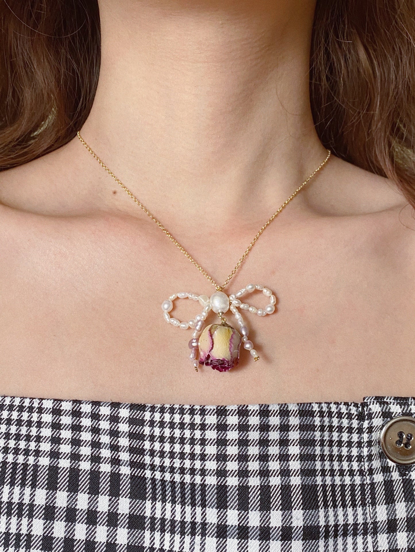 Rose Blossom Pearl Bow Necklace