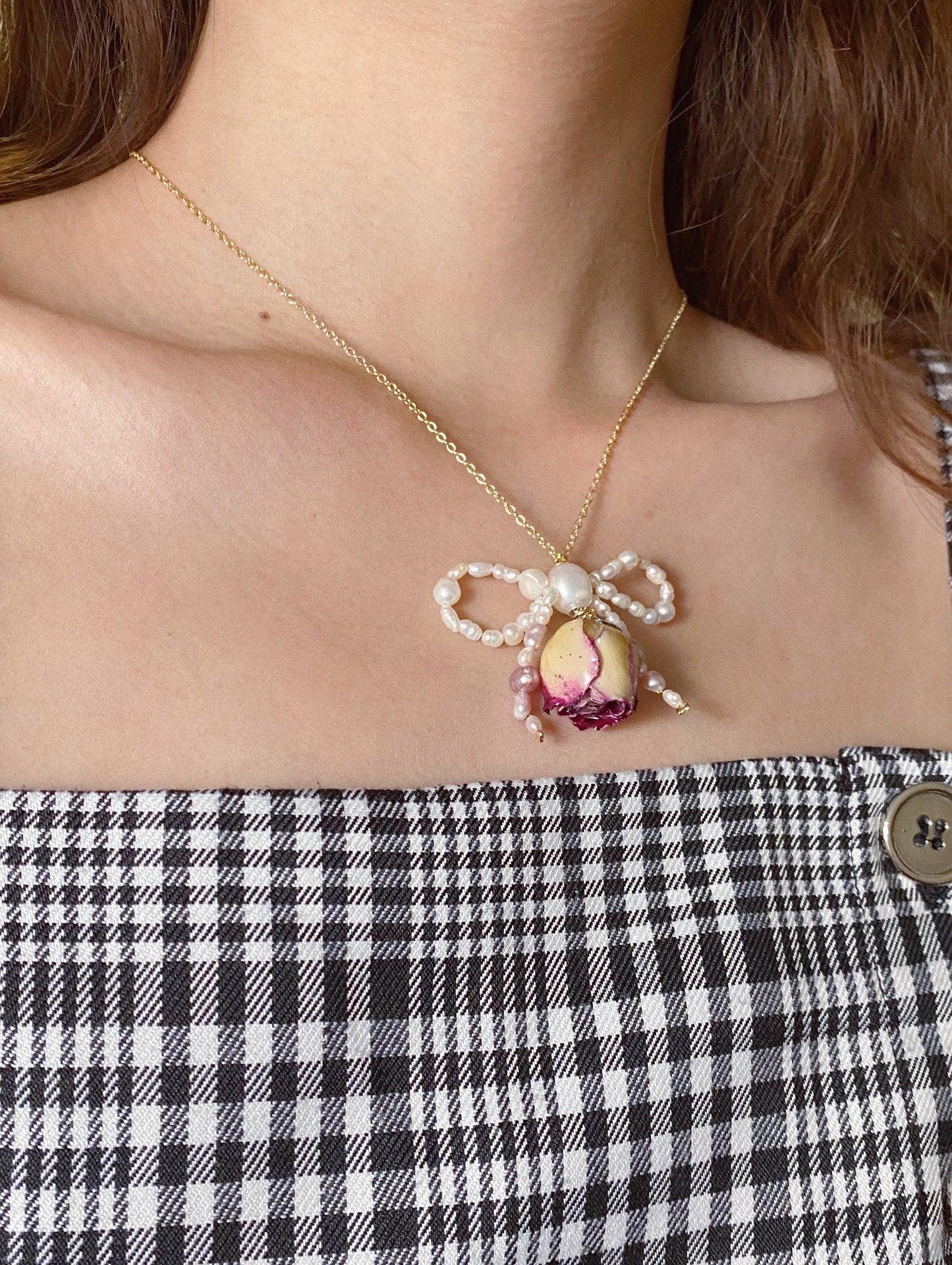 Rose Blossom Pearl Bow Necklace