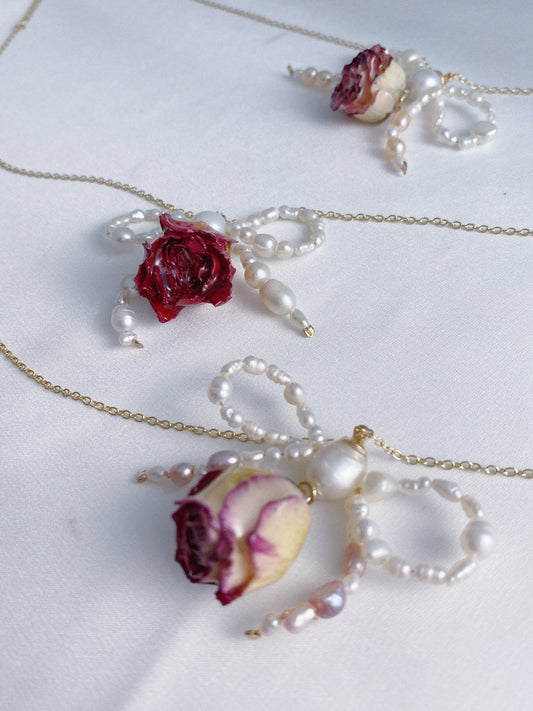 Rose Blossom Pearl Bow Necklace