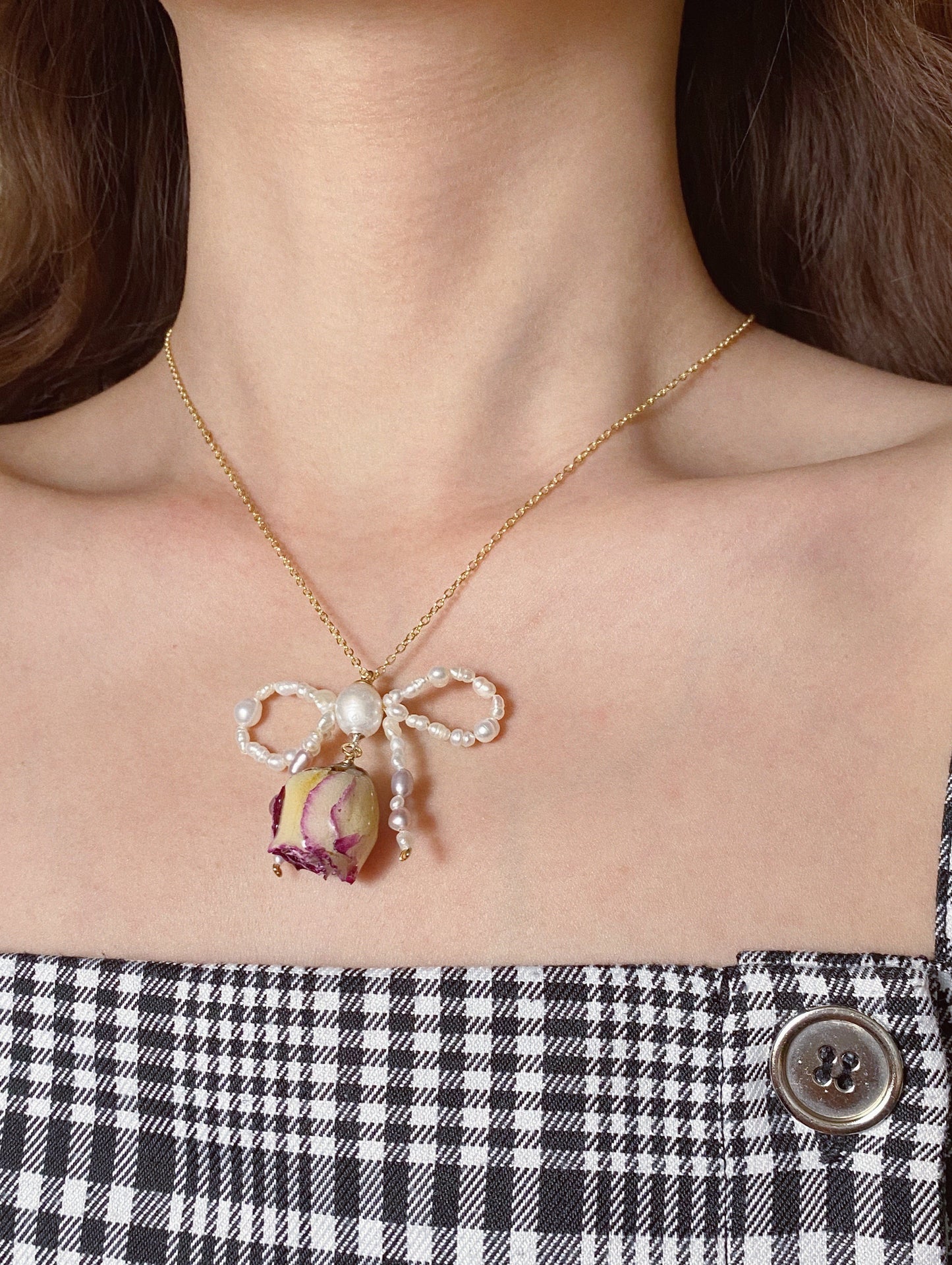 Rose Blossom Pearl Bow Necklace