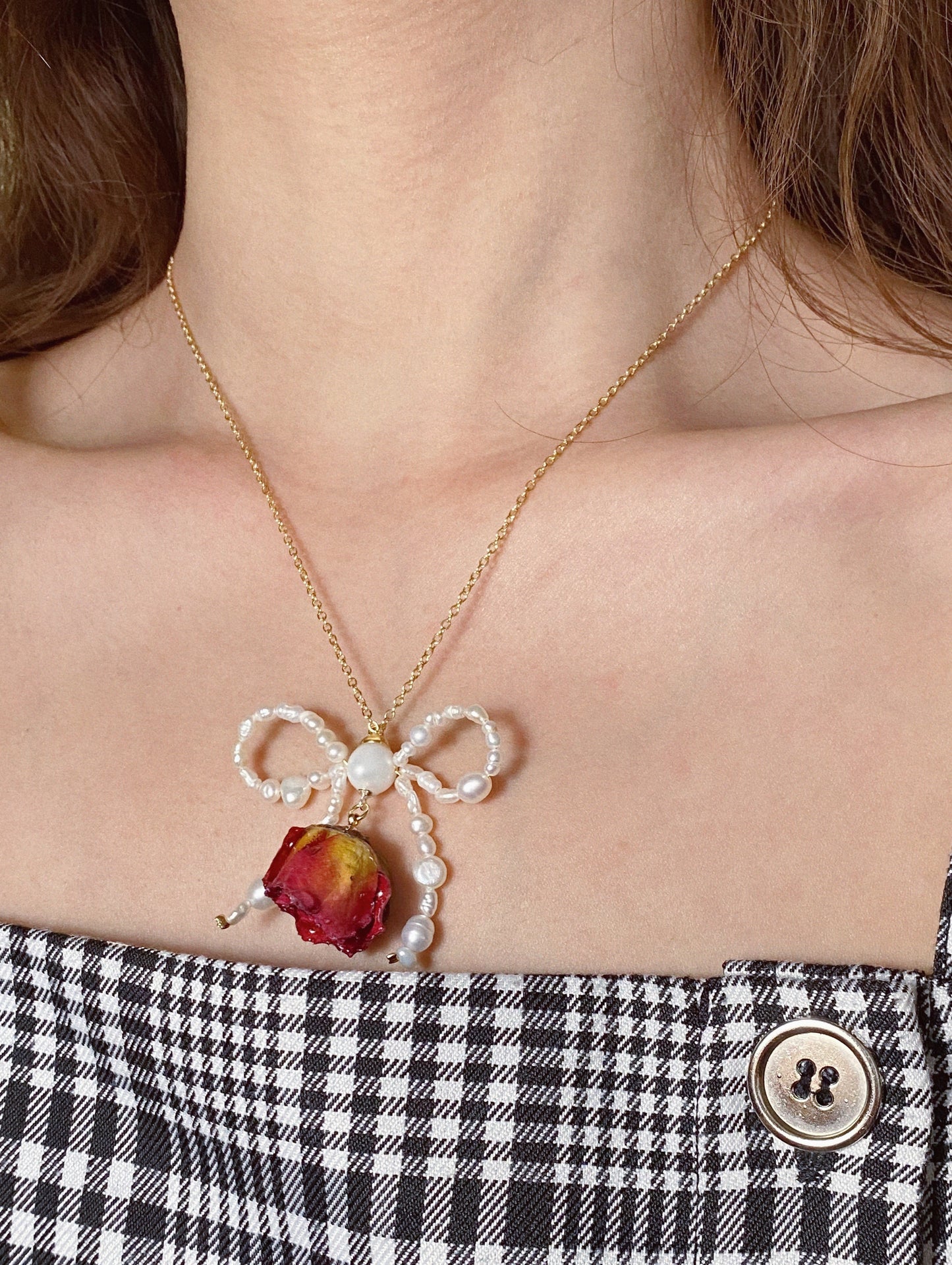 Rose Blossom Pearl Bow Necklace