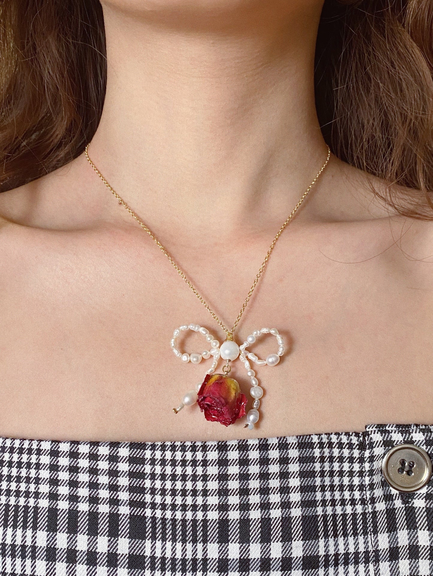 Rose Blossom Pearl Bow Necklace