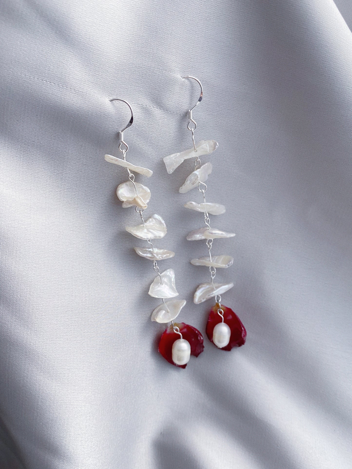 Layered Pearls Real Rose Petal Drop Earrings