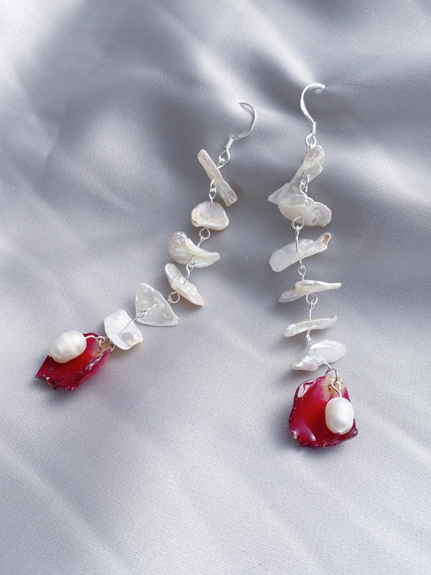 Layered Pearls Real Rose Petal Drop Earrings