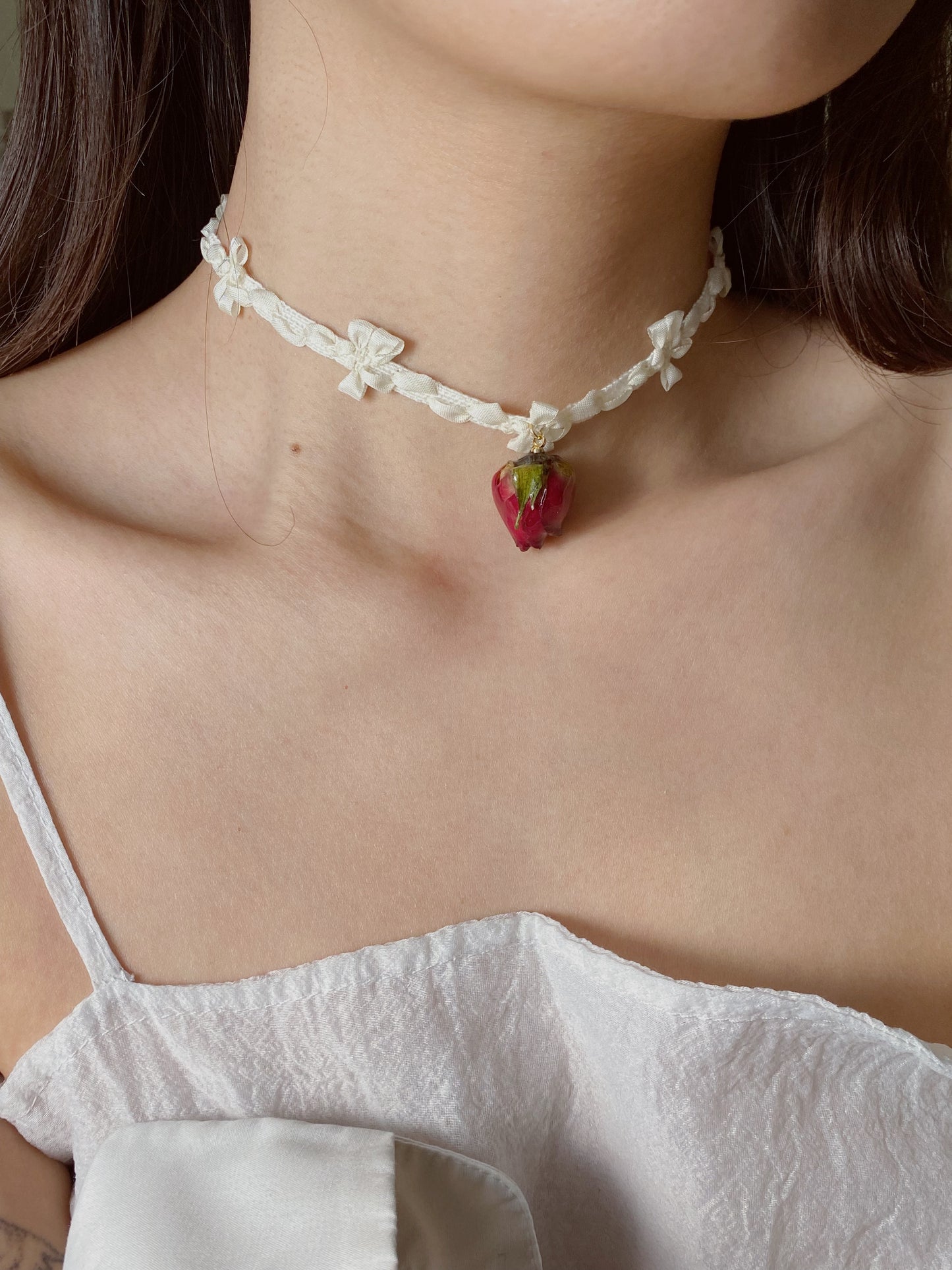 Elegant Rose Charm with Ribbon Bow Choker | White