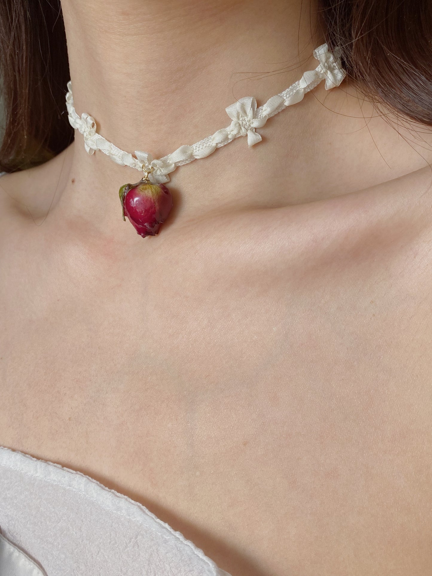 Elegant Rose Charm with Ribbon Bow Choker | White