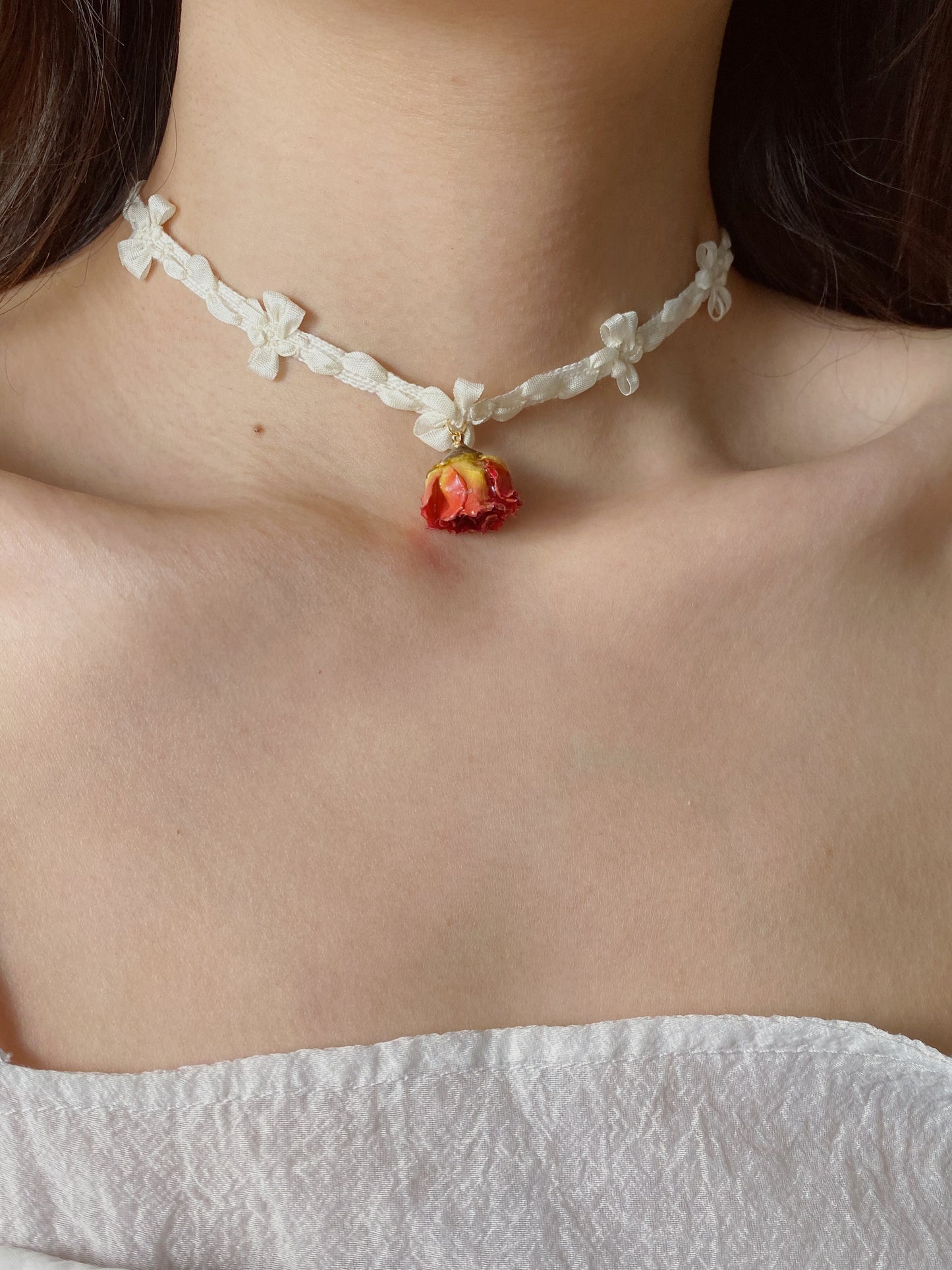 Elegant Rose Charm with Ribbon Bow Choker | White