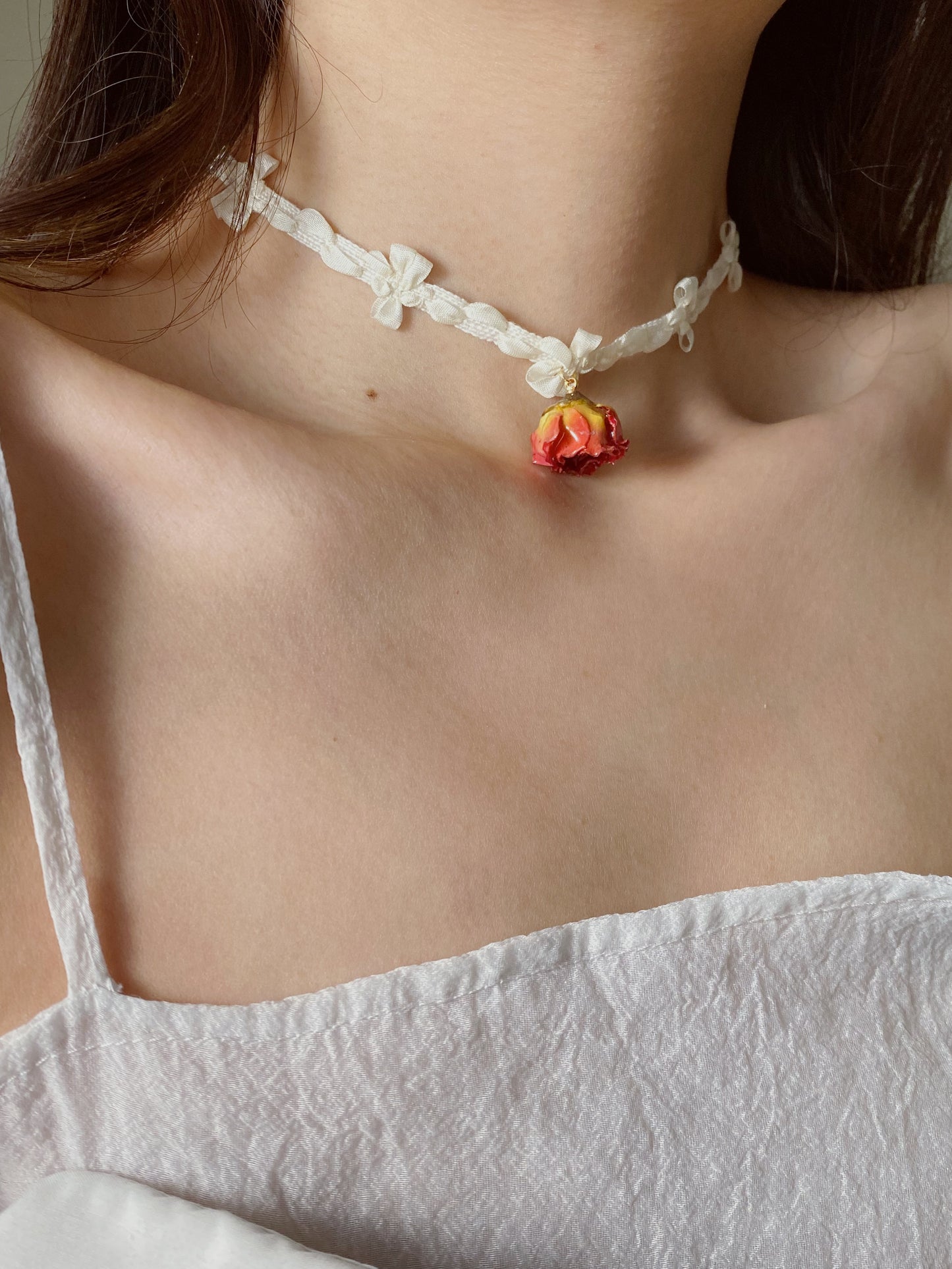 Elegant Rose Charm with Ribbon Bow Choker | White