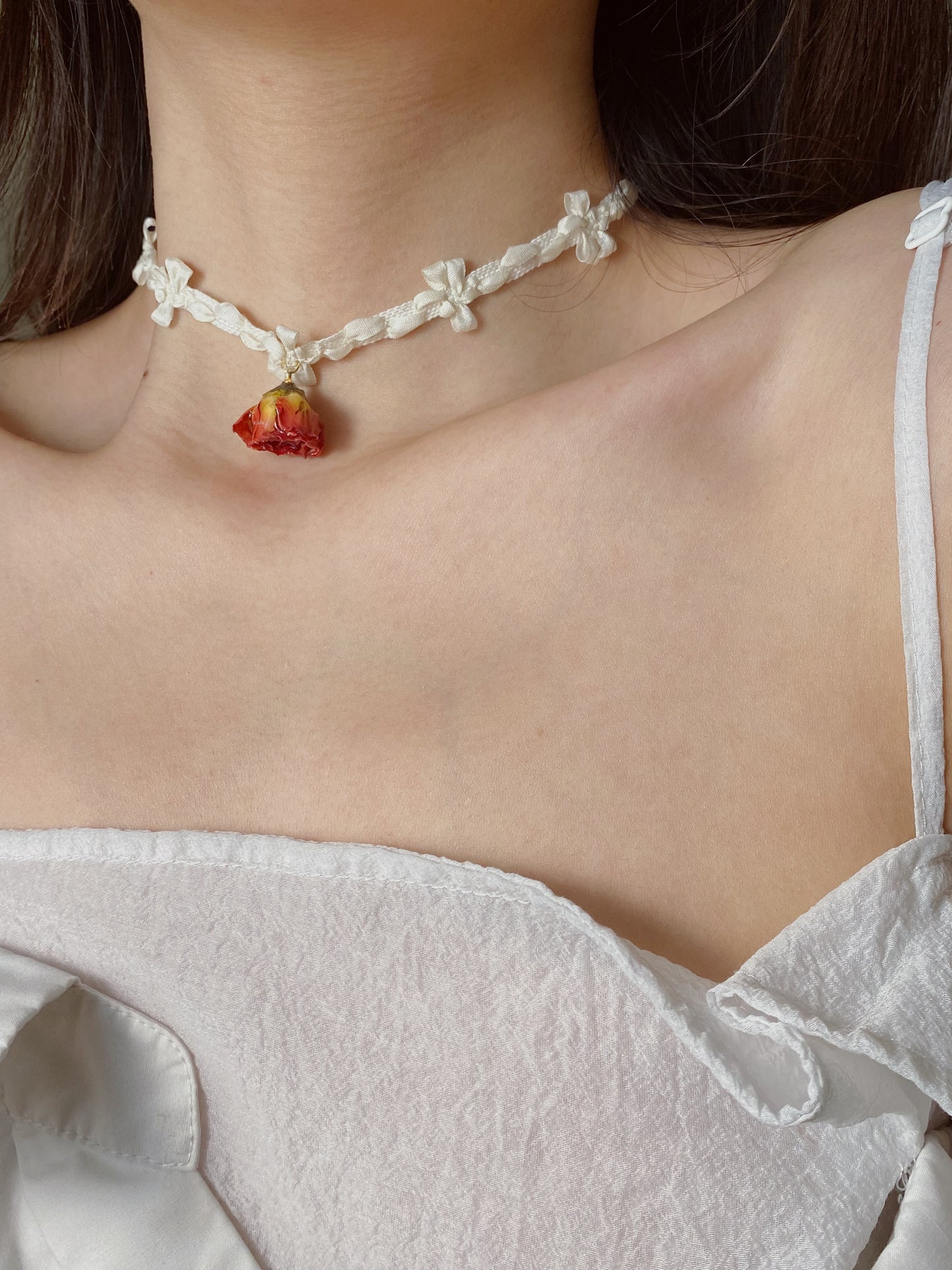 Elegant Rose Charm with Ribbon Bow Choker | White