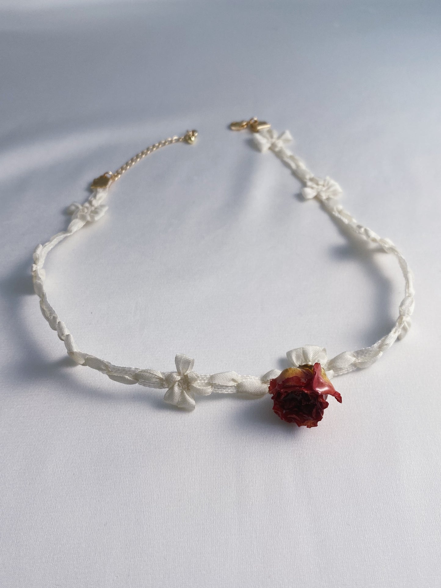 Elegant Rose Charm with Ribbon Bow Choker | White