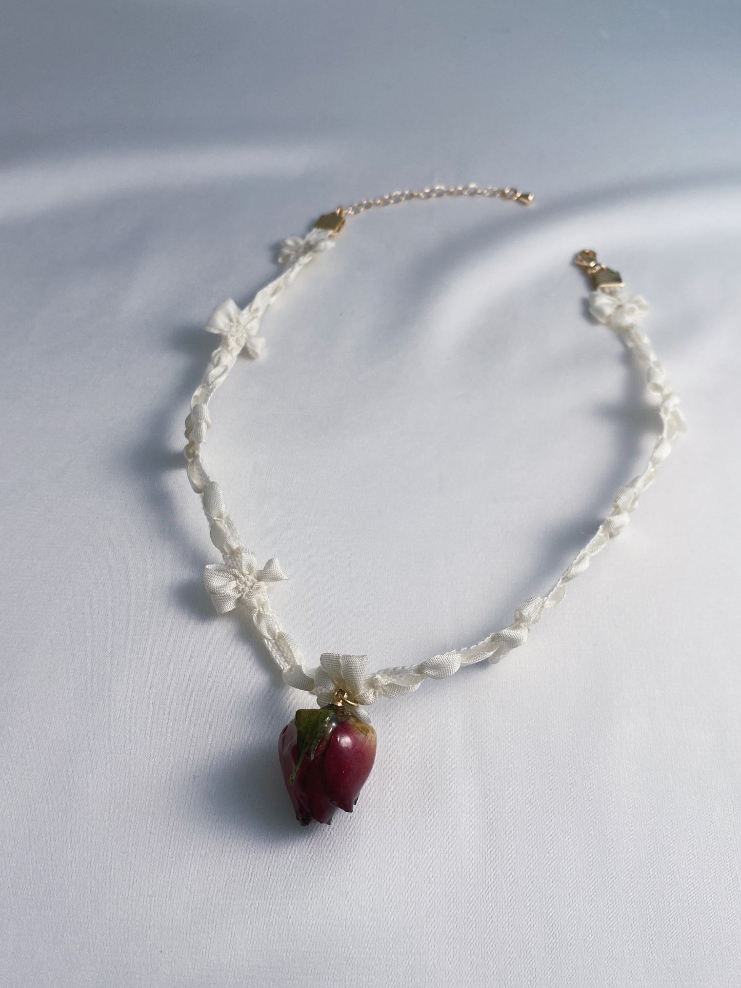 Elegant Rose Charm with Ribbon Bow Choker | White