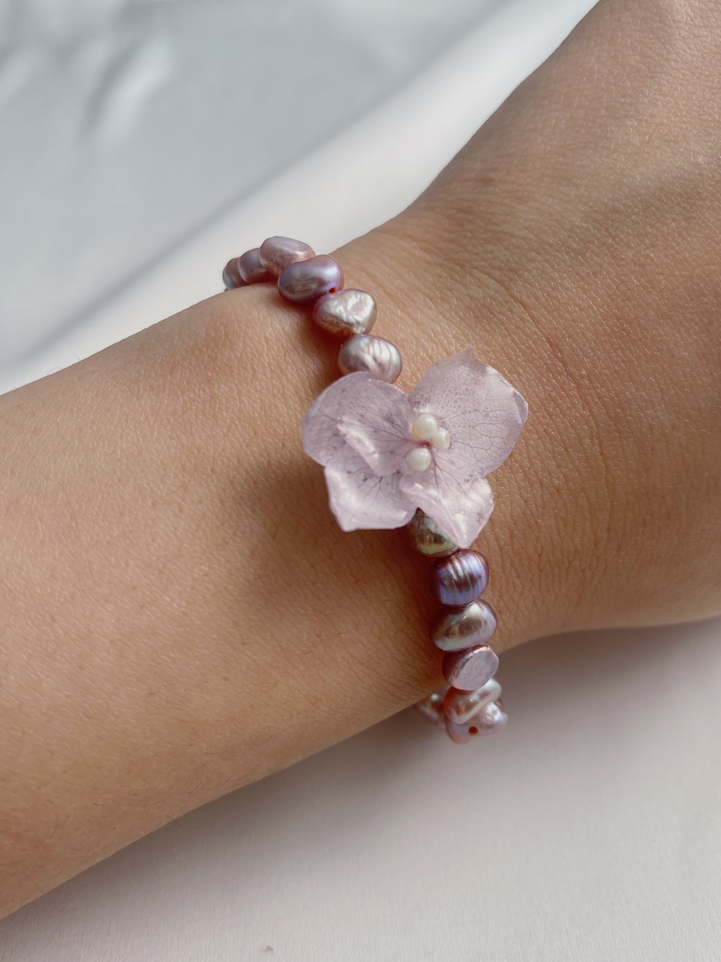 Real Hydrangea Lavender Freshwater Pearl Bracelet