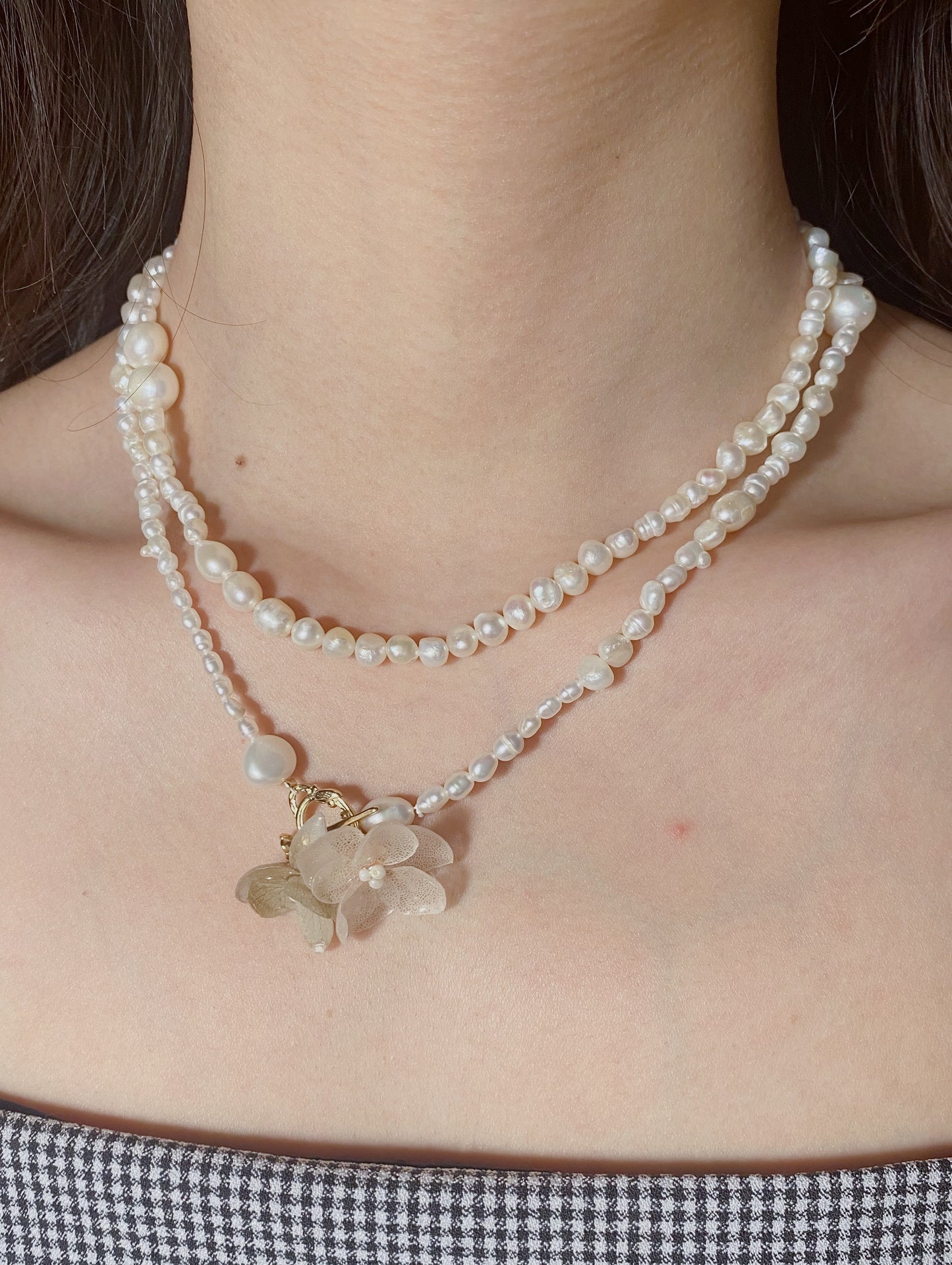 Real Hydrangea Pearl Necklace and Bracelet